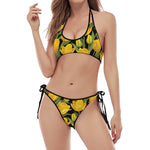 Yellow Tulip Pattern Print Halter Scoop Tie Side Bikini