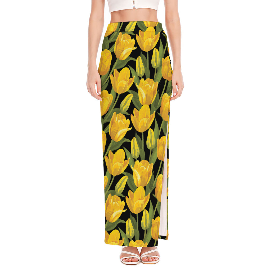 Yellow Tulip Pattern Print High Slit Maxi Skirt