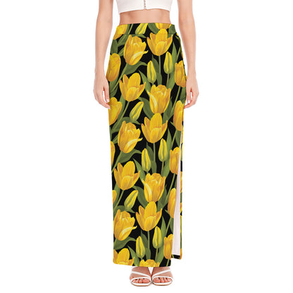 Yellow Tulip Pattern Print High Slit Maxi Skirt
