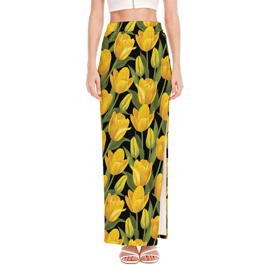 Yellow Tulip Pattern Print High Slit Maxi Skirt