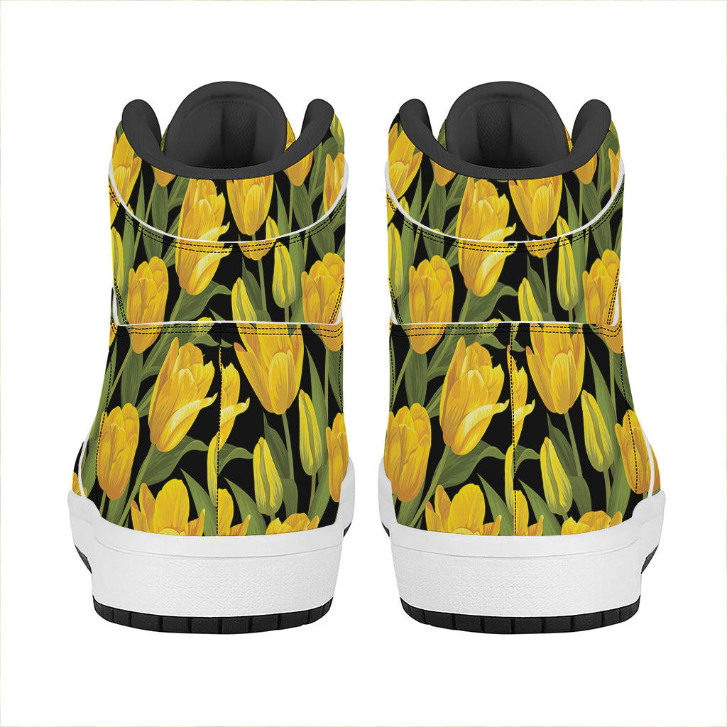 Yellow Tulip Pattern Print High Top Leather Sneakers