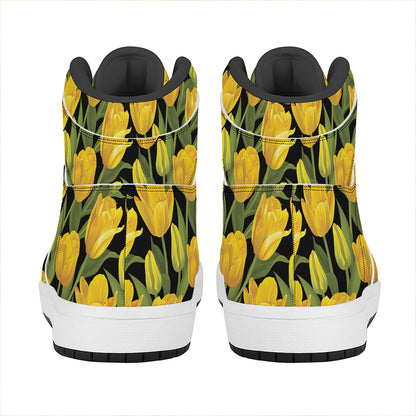 Yellow Tulip Pattern Print High Top Leather Sneakers