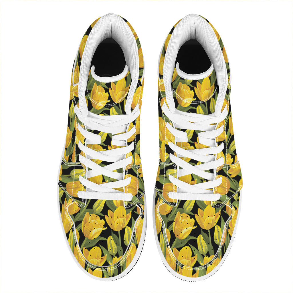 Yellow Tulip Pattern Print High Top Leather Sneakers