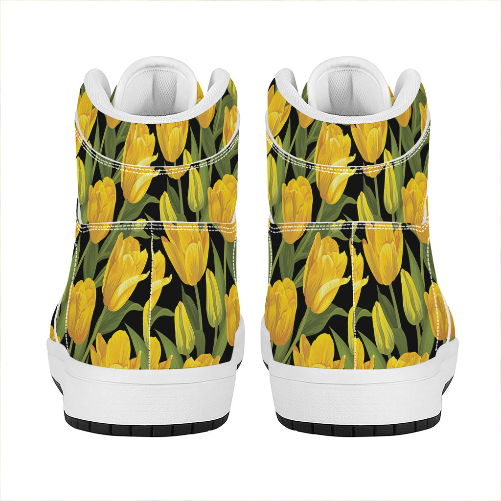 Yellow Tulip Pattern Print High Top Leather Sneakers