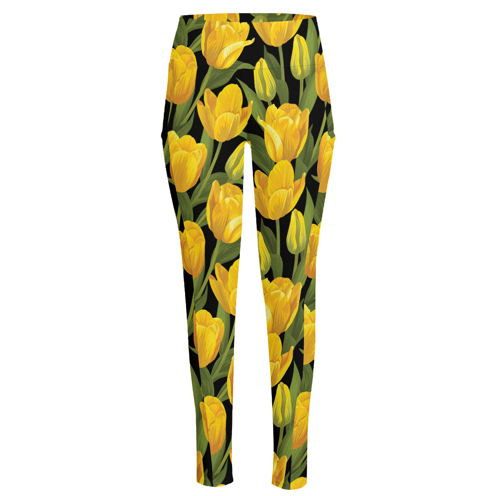 Yellow Tulip Pattern Print High-Waisted Pocket Leggings