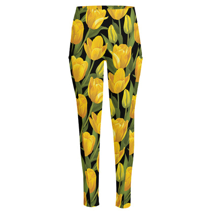 Yellow Tulip Pattern Print High-Waisted Pocket Leggings