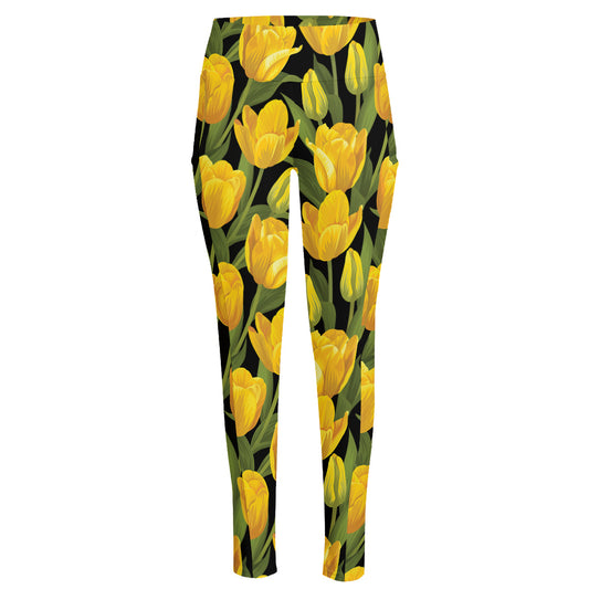 Yellow Tulip Pattern Print High-Waisted Pocket Leggings