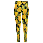 Yellow Tulip Pattern Print High-Waisted Pocket Leggings