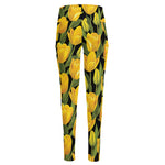 Yellow Tulip Pattern Print High-Waisted Pocket Leggings