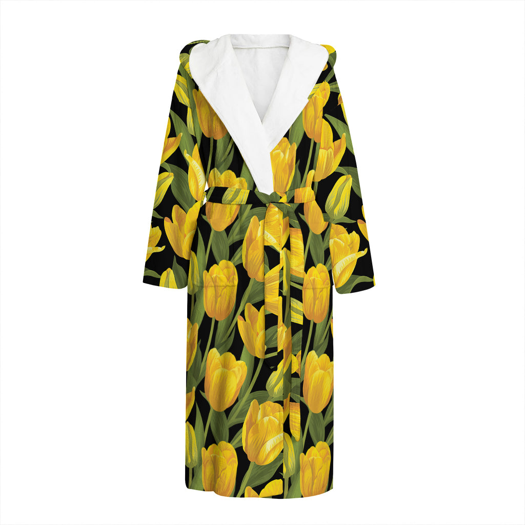 Yellow Tulip Pattern Print Hooded Bathrobe