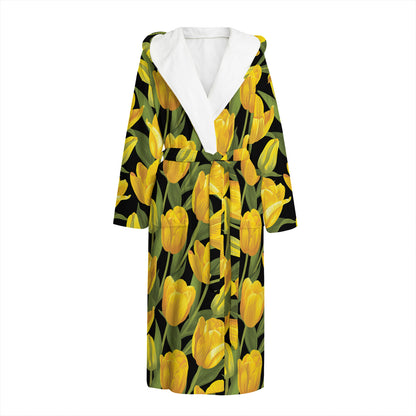 Yellow Tulip Pattern Print Hooded Bathrobe