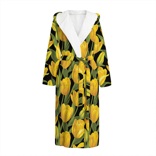 Yellow Tulip Pattern Print Hooded Bathrobe