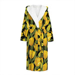 Yellow Tulip Pattern Print Hooded Bathrobe