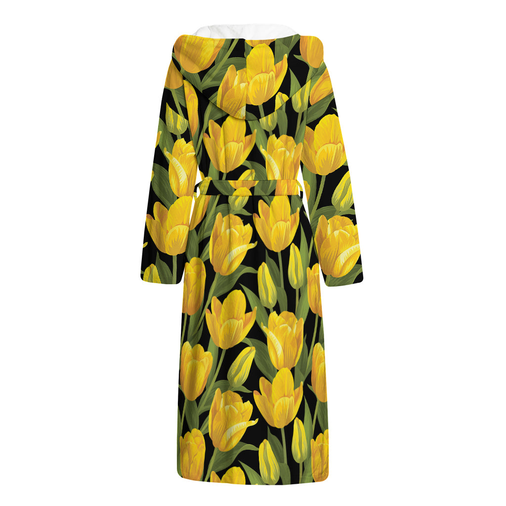 Yellow Tulip Pattern Print Hooded Bathrobe