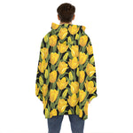 Yellow Tulip Pattern Print Hoodie Blanket