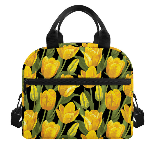 Yellow Tulip Pattern Print Insulated Lunch Bag