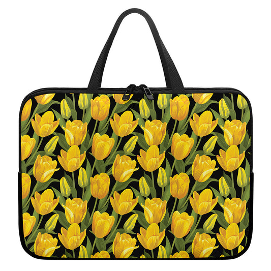 Yellow Tulip Pattern Print Laptop Sleeve With Handle