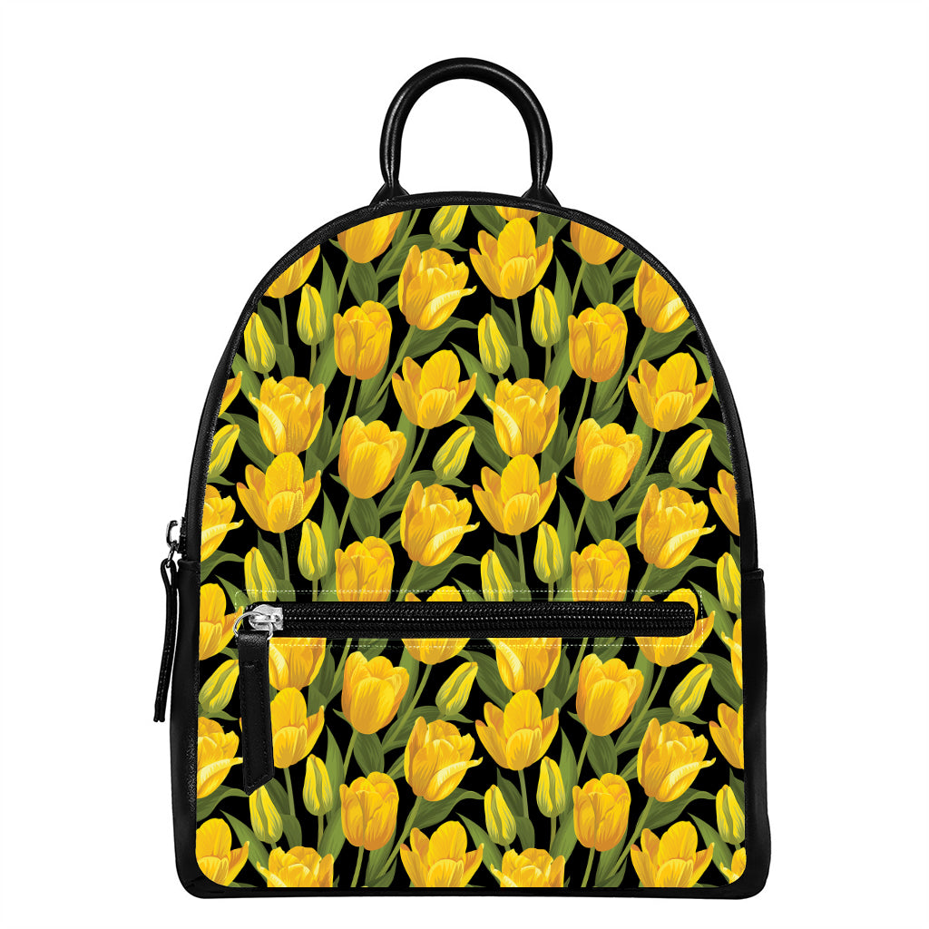 Yellow Tulip Pattern Print Leather Backpack