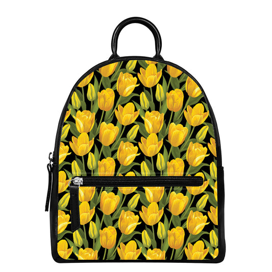 Yellow Tulip Pattern Print Leather Backpack