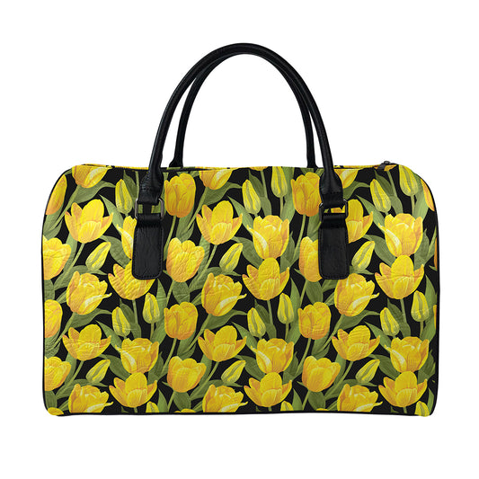 Yellow Tulip Pattern Print Leather Duffle Bag