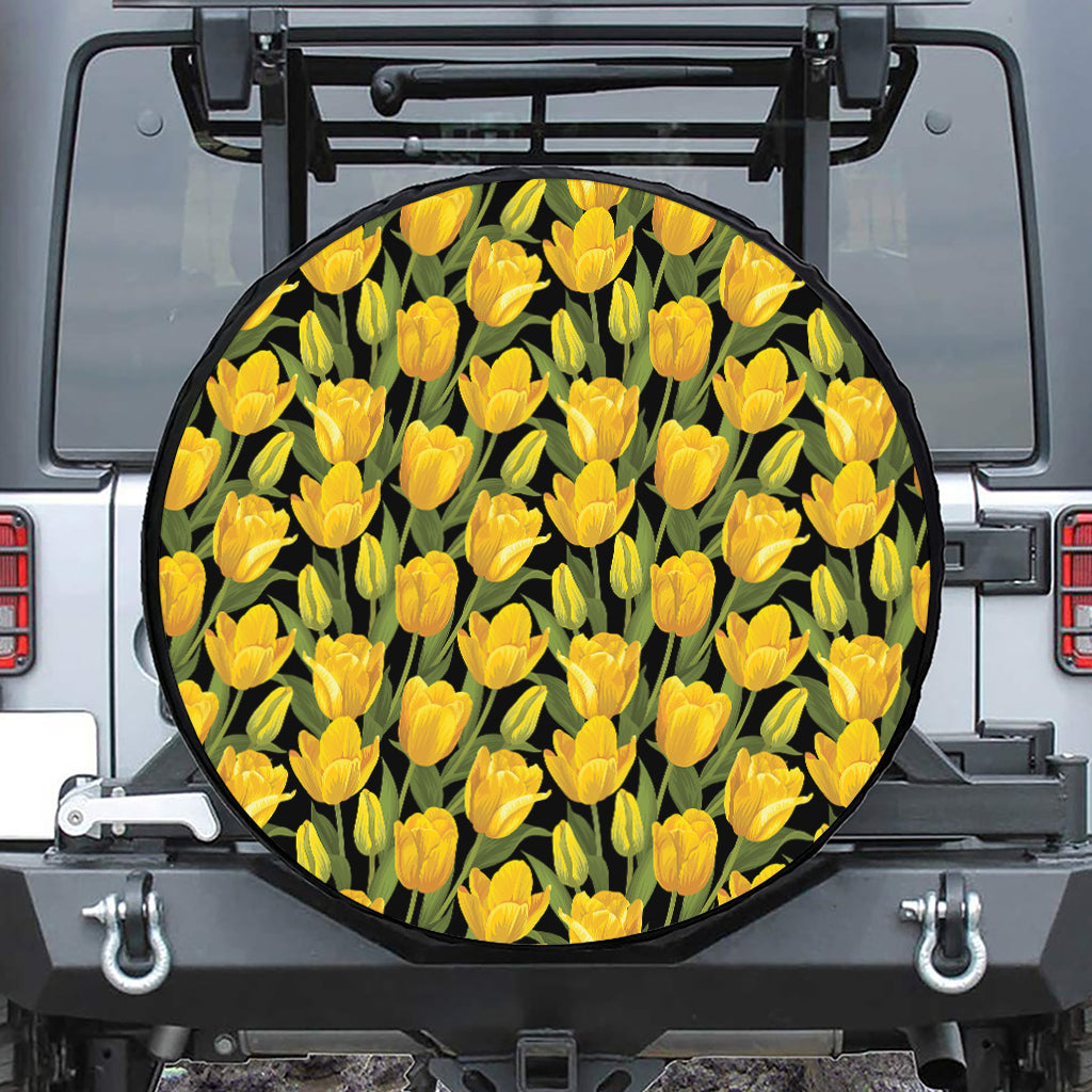 Yellow Tulip Pattern Print Leather Spare Tire Cover