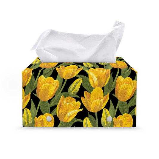 Yellow Tulip Pattern Print Leather Tissue Box Cover