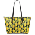 Yellow Tulip Pattern Print Leather Tote Bag With Zipper