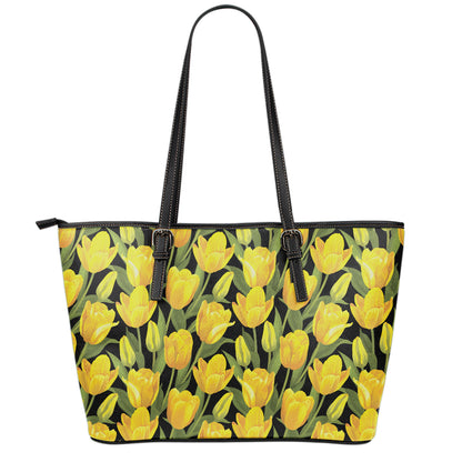 Yellow Tulip Pattern Print Leather Tote Bag