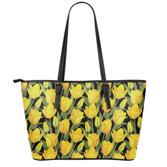Yellow Tulip Pattern Print Leather Tote Bag