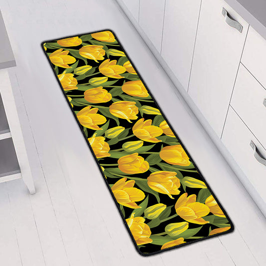 Yellow Tulip Pattern Print Long Kitchen Mat