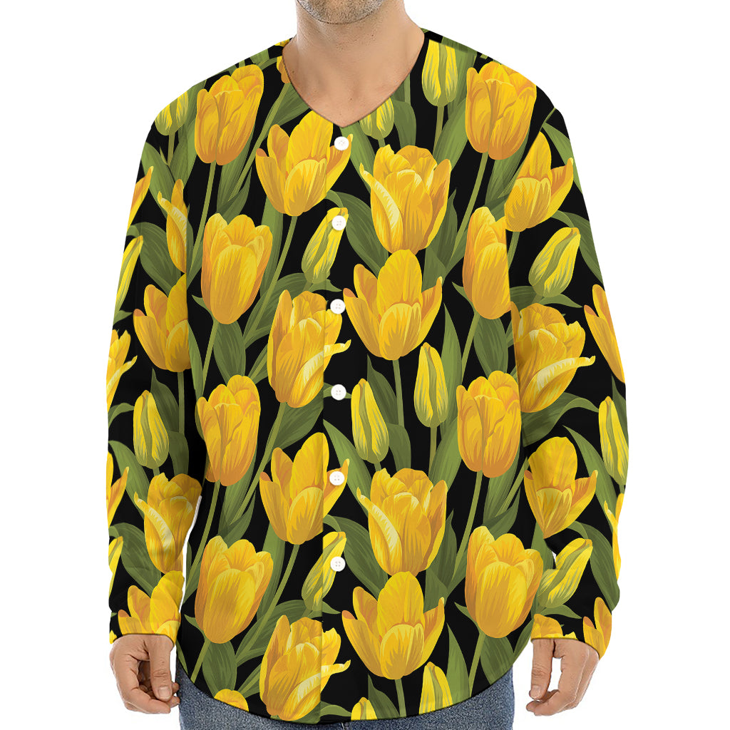 Yellow Tulip Pattern Print Long Sleeve Baseball Jersey