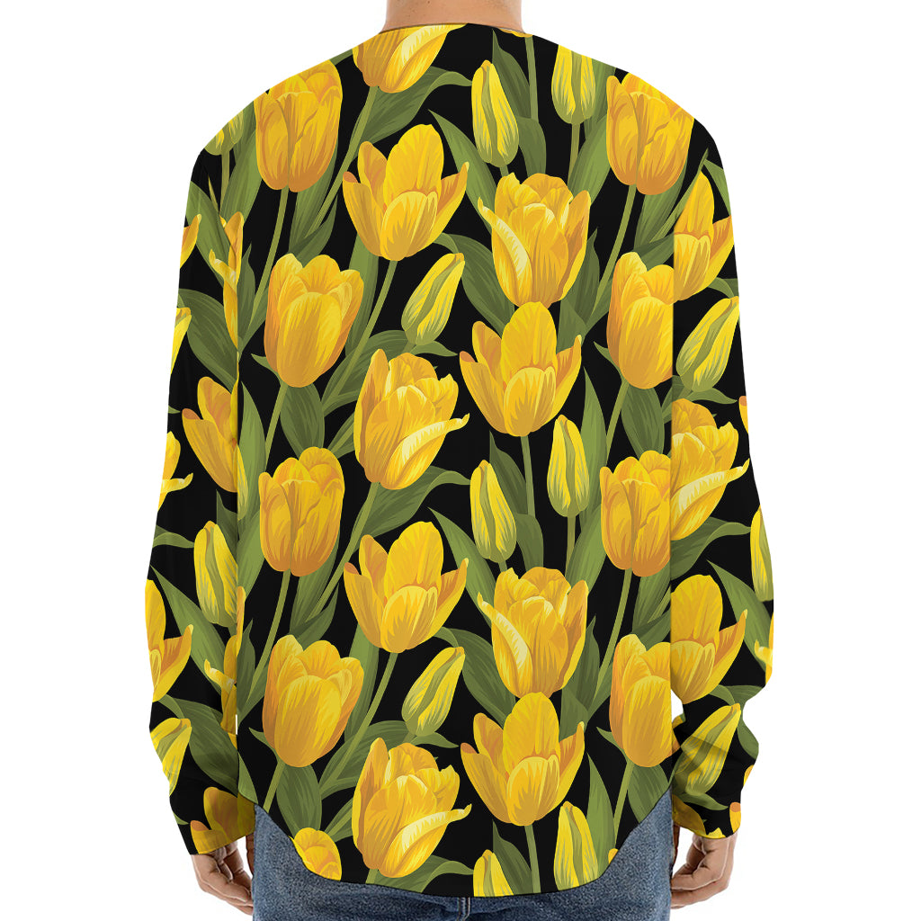 Yellow Tulip Pattern Print Long Sleeve Baseball Jersey