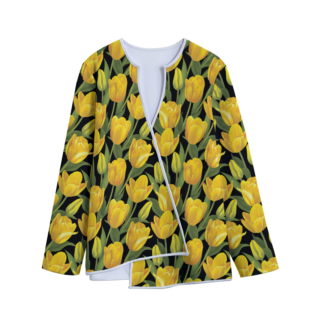 Yellow Tulip Pattern Print Long Sleeve Short Coat
