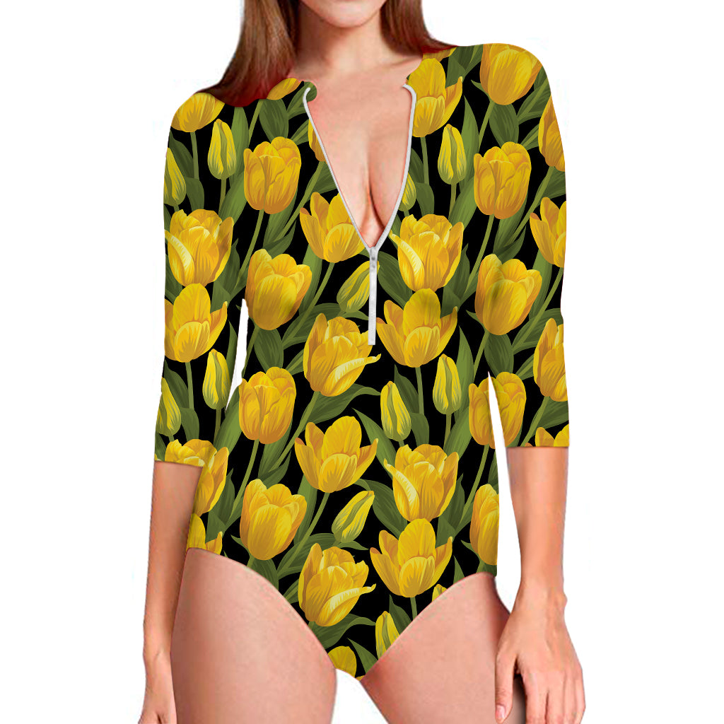 Yellow Tulip Pattern Print Long Sleeve Swimsuit