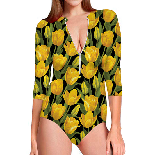 Yellow Tulip Pattern Print Long Sleeve Swimsuit