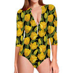 Yellow Tulip Pattern Print Long Sleeve Swimsuit