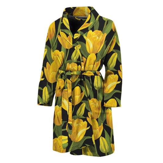 Yellow Tulip Pattern Print Men's Bathrobe