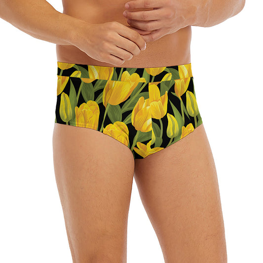 Yellow Tulip Pattern Print Men's Briefs