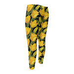 Yellow Tulip Pattern Print Men's Compression Pants