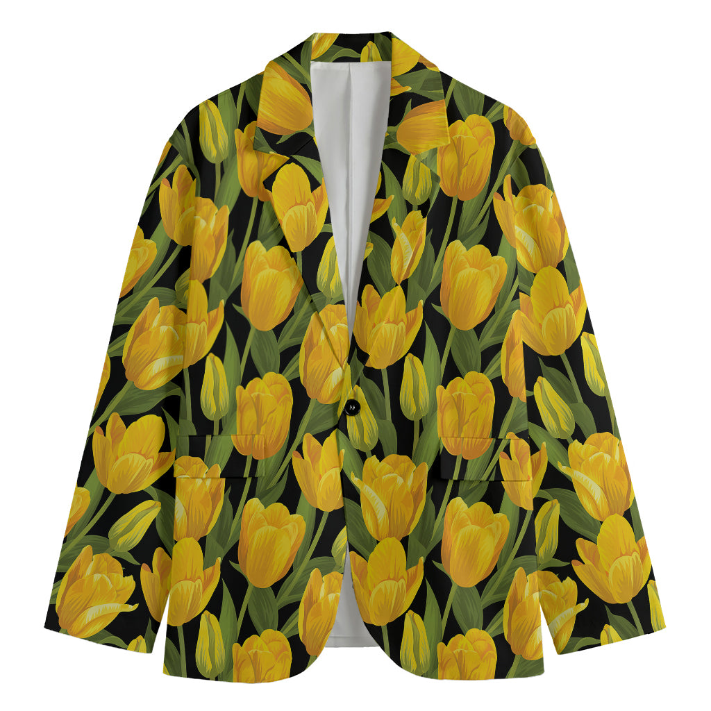Yellow Tulip Pattern Print Men's Cotton Blazer