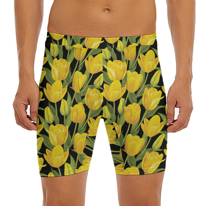 Yellow Tulip Pattern Print Men's Long Boxer Briefs