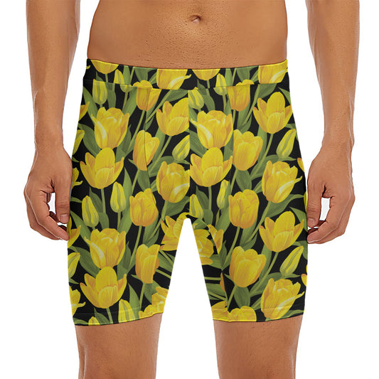 Yellow Tulip Pattern Print Men's Long Boxer Briefs