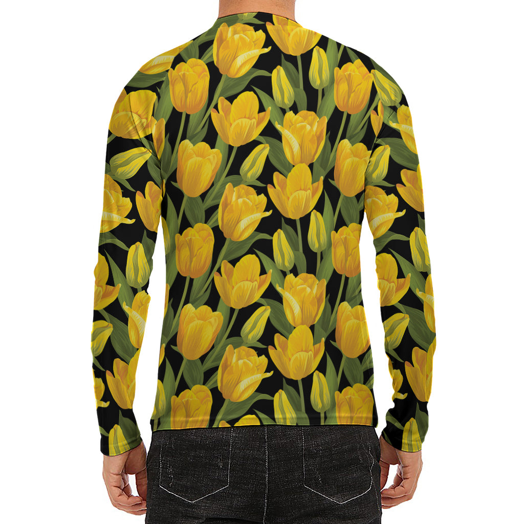 Yellow Tulip Pattern Print Men's Long Sleeve Rash Guard
