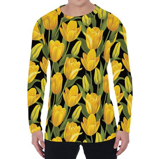 Yellow Tulip Pattern Print Men's Long Sleeve T-Shirt