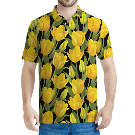 Yellow Tulip Pattern Print Men's Polo Shirt