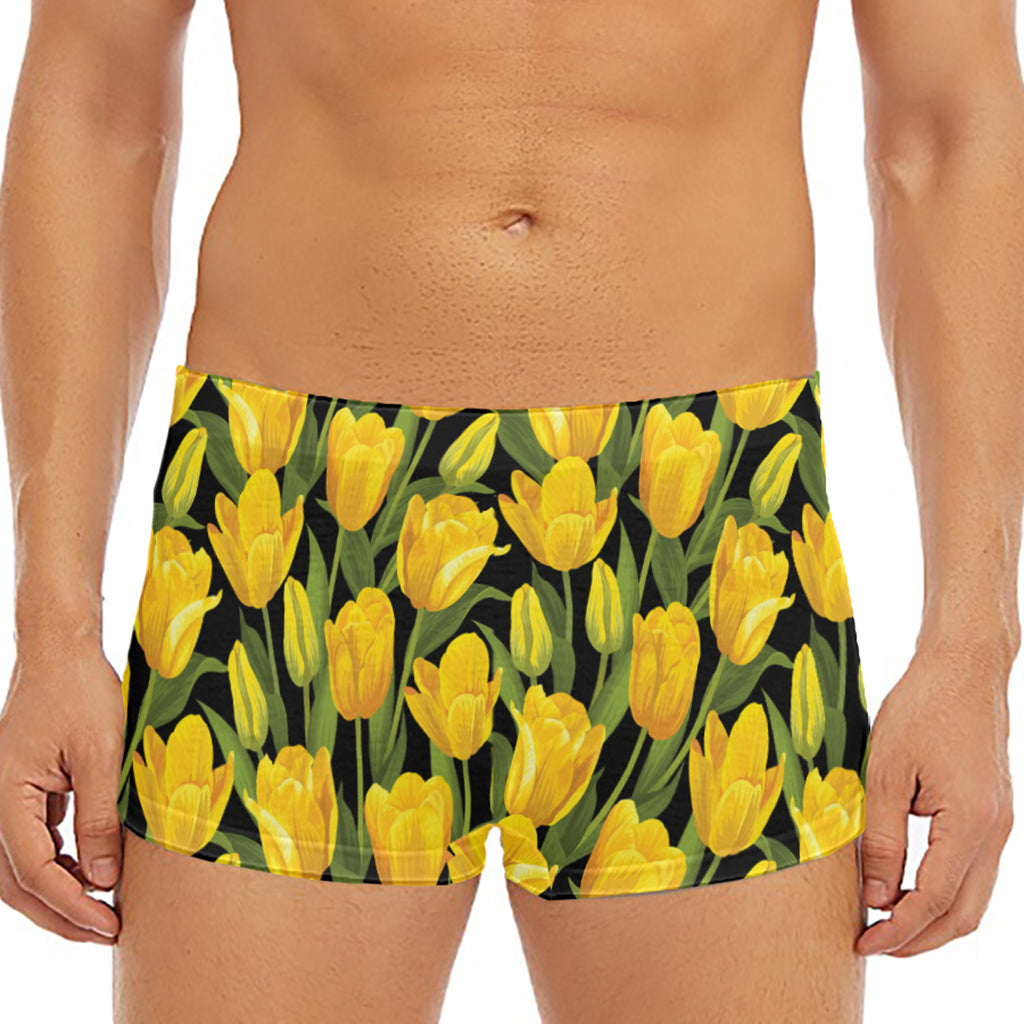 Yellow Tulip Pattern Print Men's Short Boxer Briefs