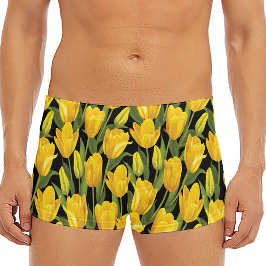 Yellow Tulip Pattern Print Men's Short Boxer Briefs