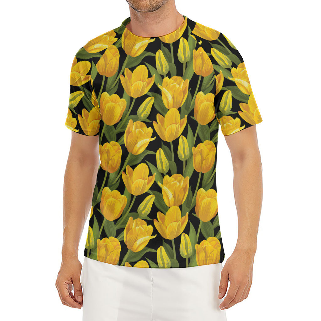Yellow Tulip Pattern Print Men's Short Sleeve Rash Guard