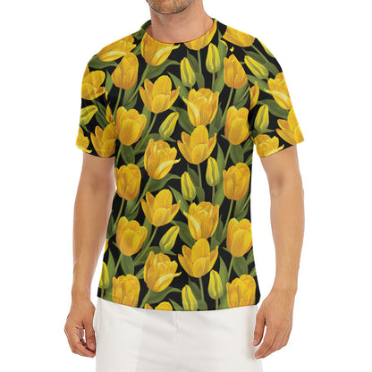 Yellow Tulip Pattern Print Men's Short Sleeve Rash Guard