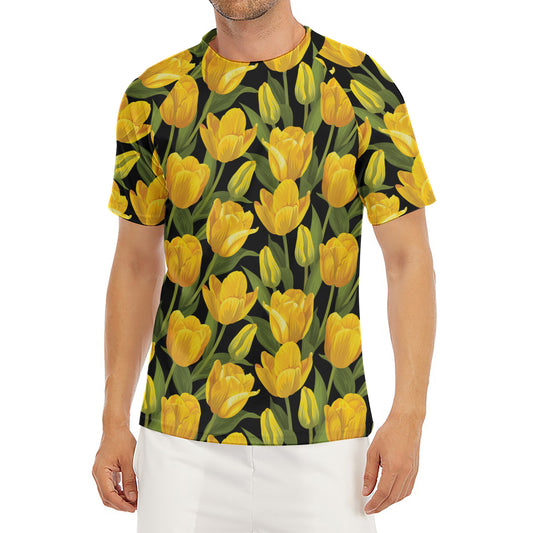 Yellow Tulip Pattern Print Men's Short Sleeve Rash Guard
